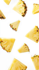 Naklejka premium Isolated pineapple. Falling pieces of pineapple fruit isolated on white background. ai generated