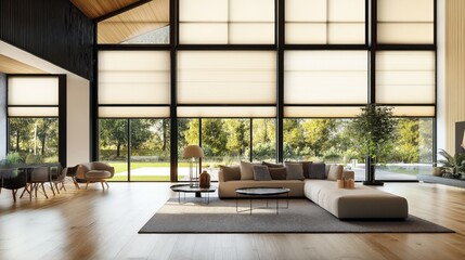 Spacious modern living room with large windows, beige sofa, coffee tables, and indoor plants overlooking a garden.