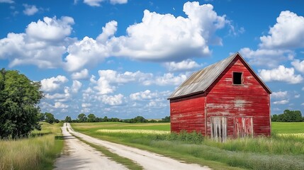 Obraz premium Red barn stands beside country road under cloudy sky