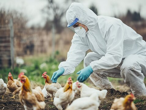 Veterinarian examining chickens on a poultry farm for bird flu