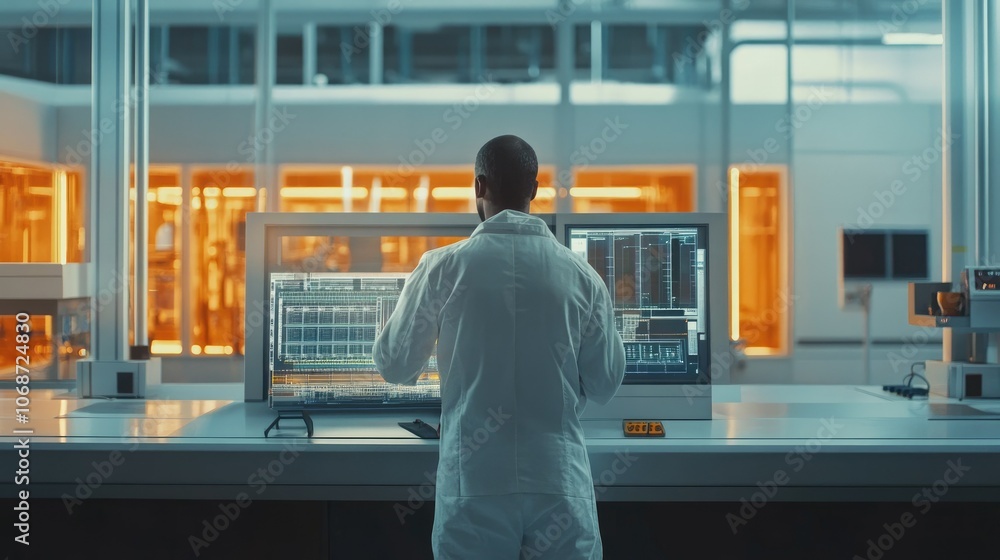 Poster scientist analyzing data in a modern laboratory