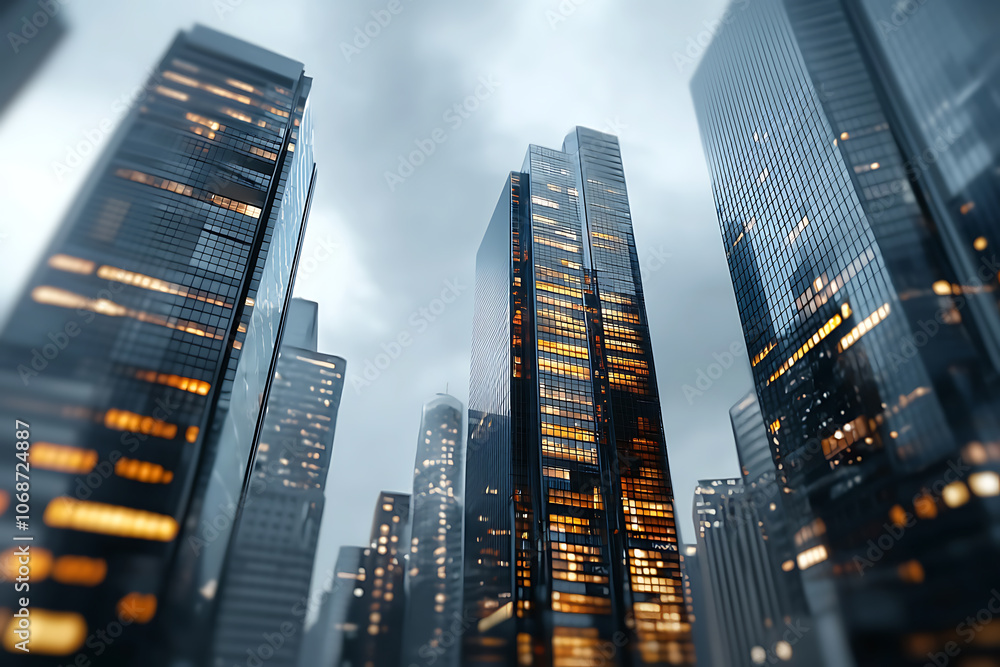 Poster innovative urban skyline integrating smart technology and green spaces in sustainable architecture