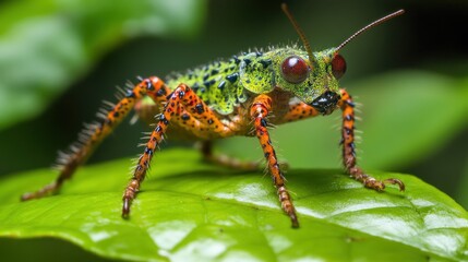 Close-Up of a Vibrant Green and Orange Insect on a Leaf