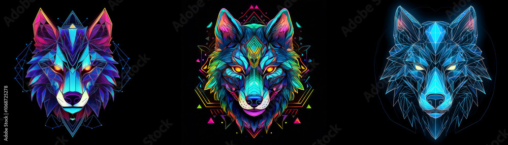 Poster three wolf heads in a row against a black background, each head has a different color scheme with vi