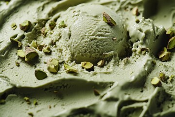 Obraz premium A close-up of a scoop of pistachio ice cream with visible chunks of pistachio nuts.