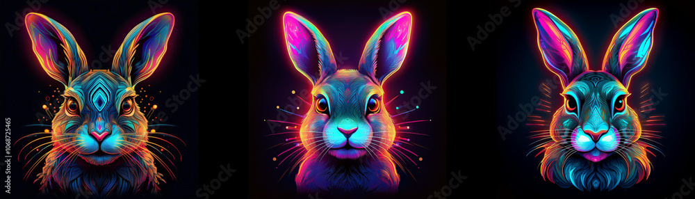 Poster three colorful glowing rabbits with dark background