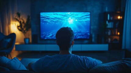 Naklejka premium Man is sitting in front of a television watching a blue ocean. The man is wearing a blue shirt and has short hair. Man Observing a Connected TV Screen in the Living Room. Copy space image