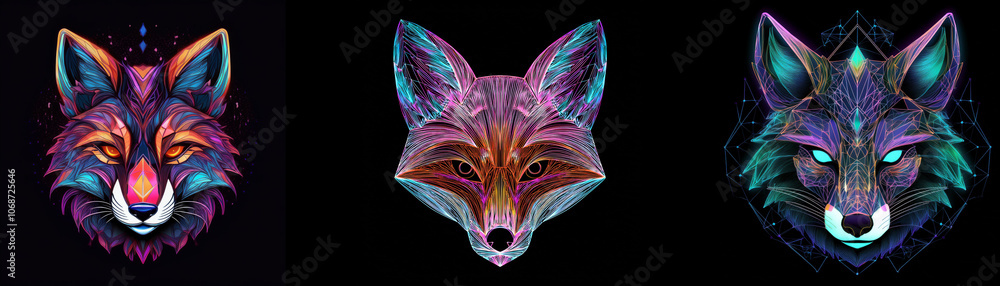Poster three fox heads in a dark background with neon color scheme, each with different geometric patterns.