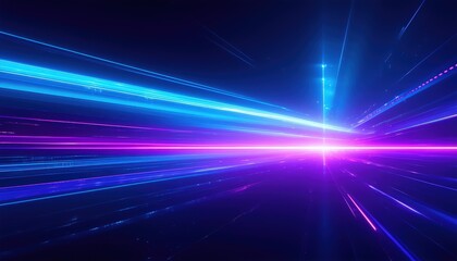 Futuristic neon light trails in motion: dynamic blue and pink streaks across a dark background.