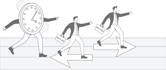 Anthropomorphic clock pointing at a direction and two businessman running