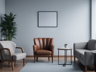 A living room with chair and sofa office front picture on the wall Image