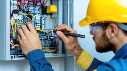A technician in a yellow helmet works on electrical wiring inside a control panel, demonstrating technical skills and safety measures.