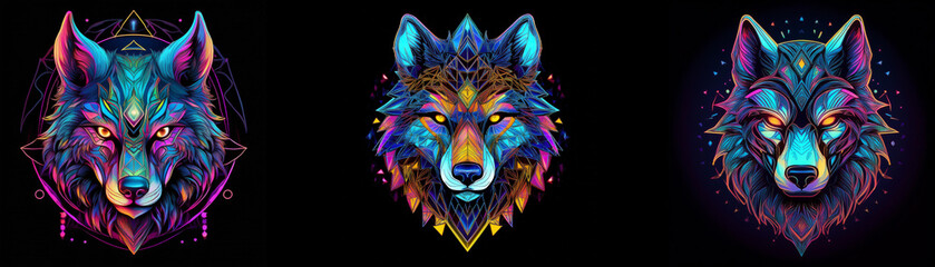 Obraz premium Three wolf heads are depicted in a geometric, abstract style. They have a neon-like glow and are outlined in black. The wolf's fur is made up of bright, swirling colors.