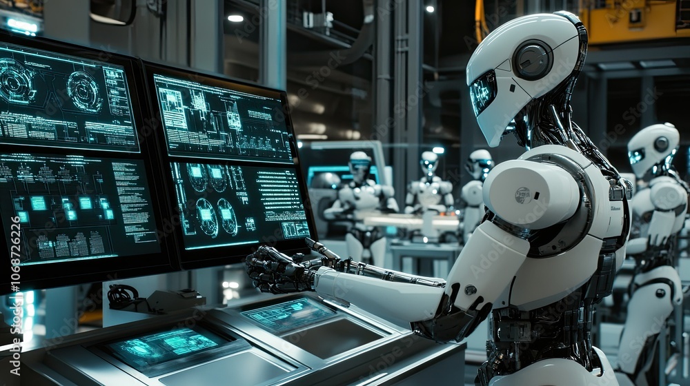 Poster advanced robot operating futuristic control center