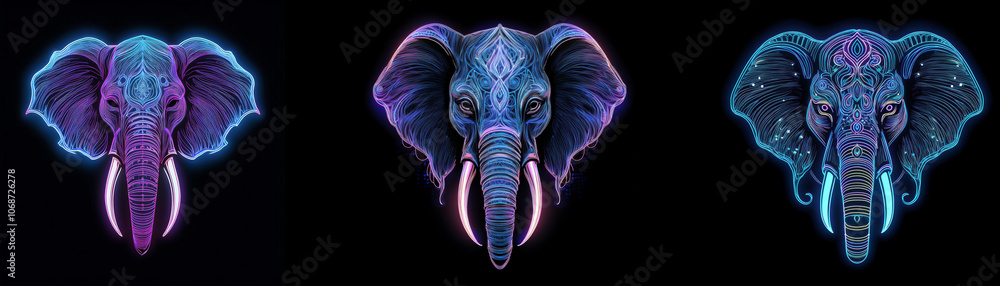 Poster three elephant heads with glowing neon patterns and tusks on a dark background.