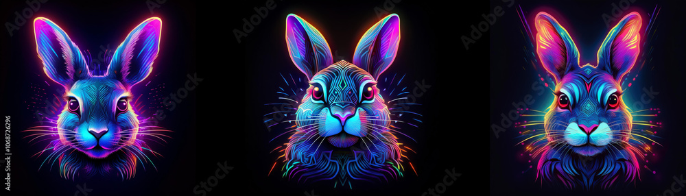 Poster three rabbits with glowing fur in a dark background.
