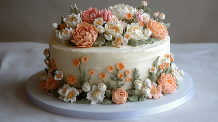 Birthday cake with soft pastel-colored frosting, elegantly layered with delicate floral motifs