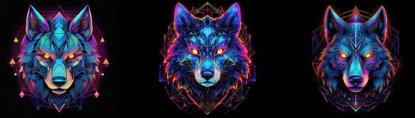 Obraz premium Three wolf heads are shown with geometric patterns, surrounded by vibrant neon colors on a black background.