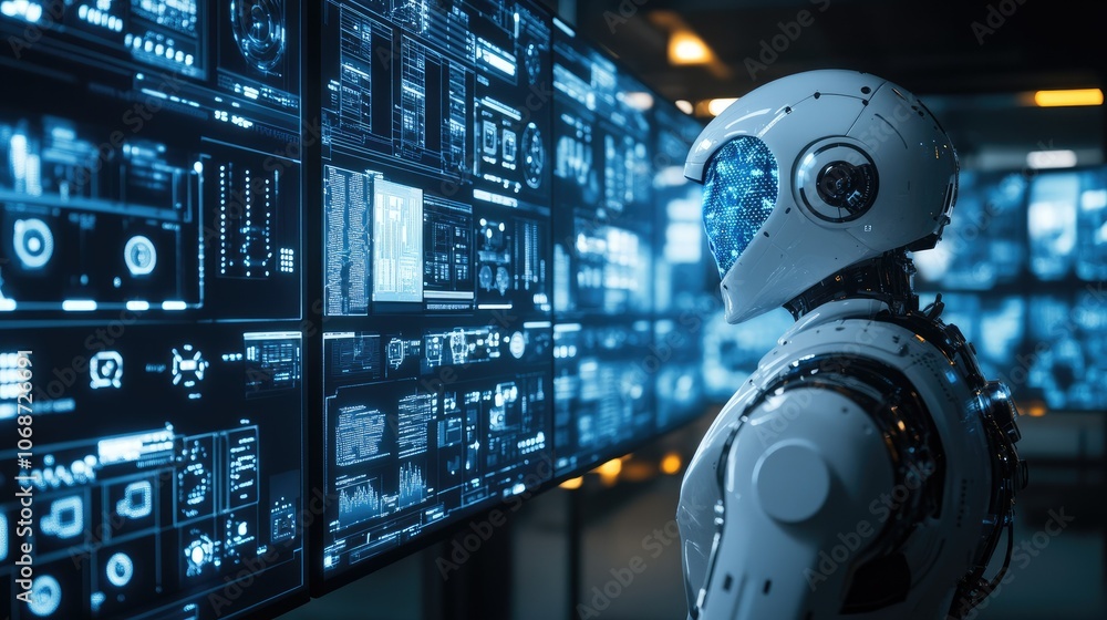 Poster futuristic robot analyzing data on multiple screens