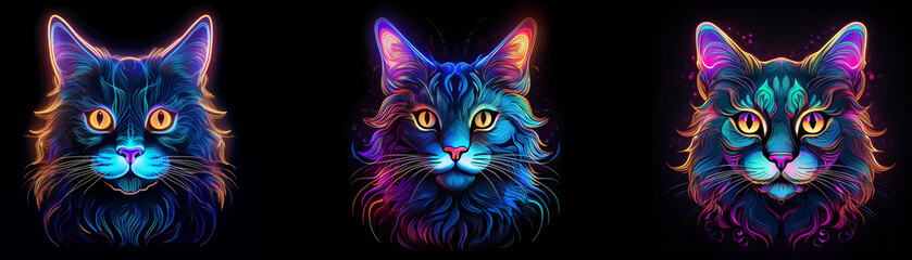 Three black cats with neon fur.