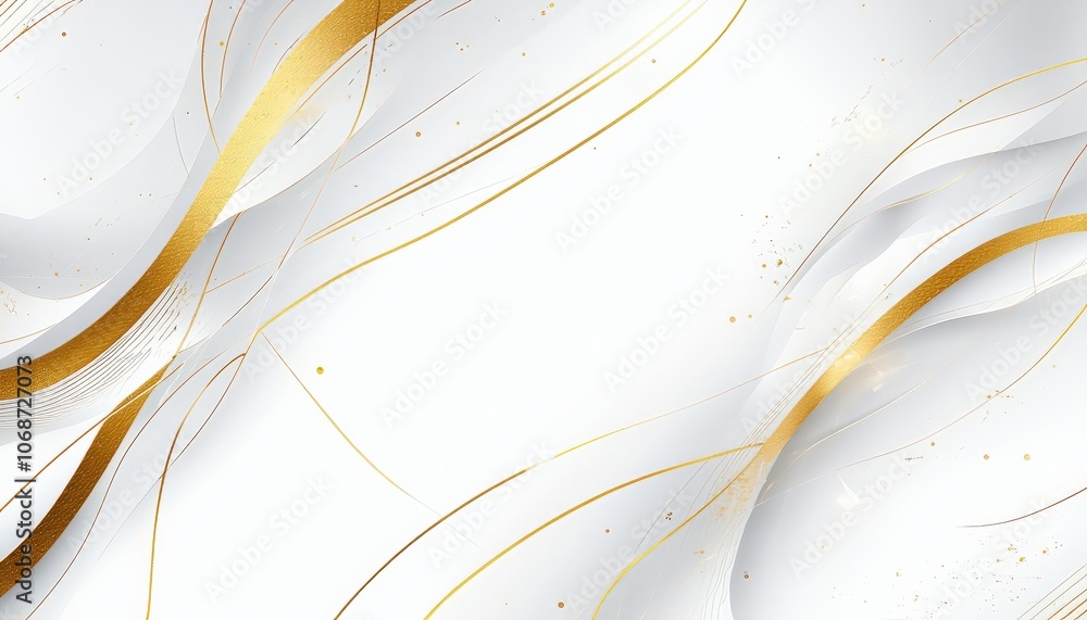 Poster elegant abstract background with gold and white wavy lines and subtle sparkling elements.