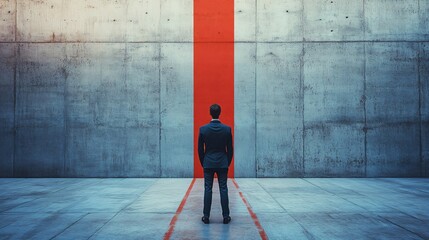 Man stands in front of a wall with a red line dividing it. wall is made of concrete and has a gray and white color scheme. man is wearing a suit, he is looking at the wall. portrays fact vs fiction