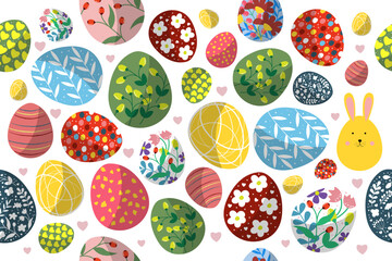 Happy Easter. Painted bright flower eggs with bunny. Seamless pattern. vector illustration