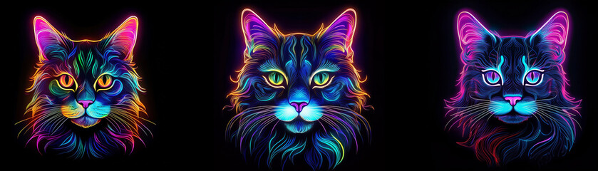 Three colorful cat portraits with neon outlines and a dark background.