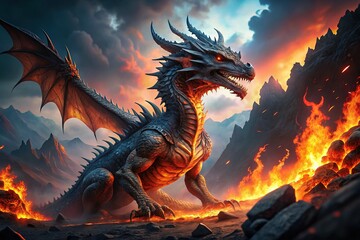 In a shadowy volcanic landscape, a fierce dragon unleashes flames, with glowing lava and swirling embers creating a backdrop of thrilling peril and adventure.