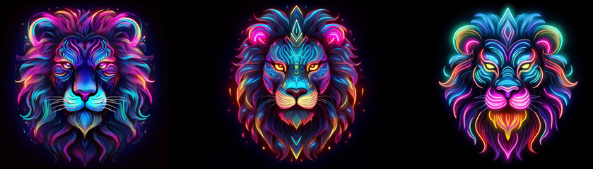 Three abstract neon lion heads in a row, each with a different color scheme.