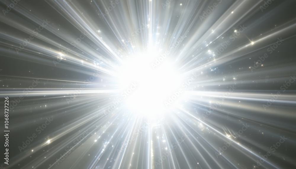 Poster radiant starburst with glowing light beams and sparkling particles in space.