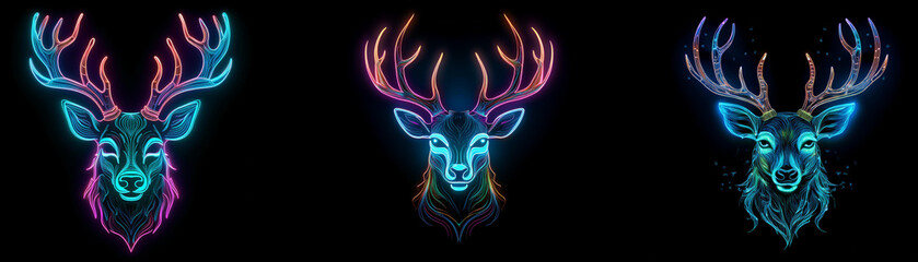 Fototapeta premium Three neon deer heads with antlers, each outlined in a different color.