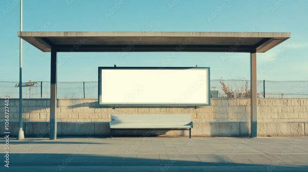 Poster empty bus stop with blank billboard and minimal design