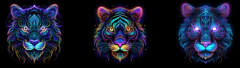 Fototapeta premium Three glowing tiger heads with intricate designs and vibrant colors against a black background.