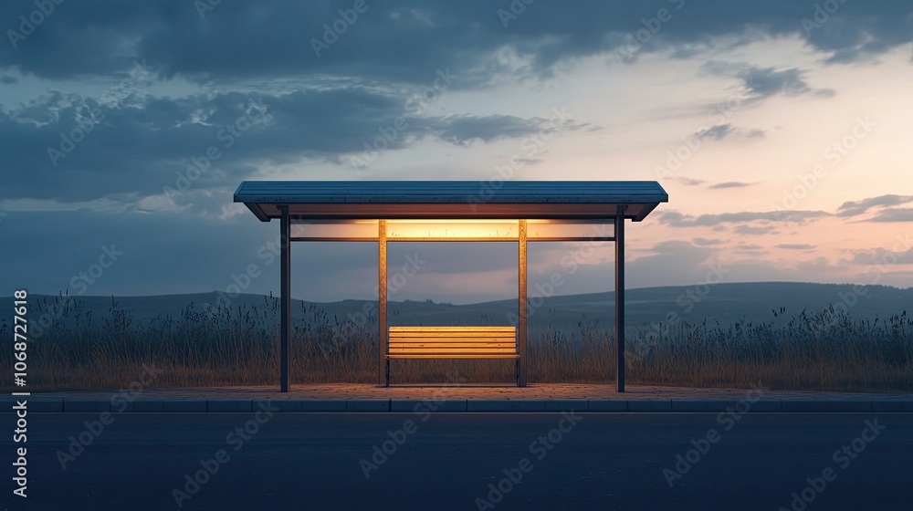 Poster tranquil bus stop at dusk with soft lighting