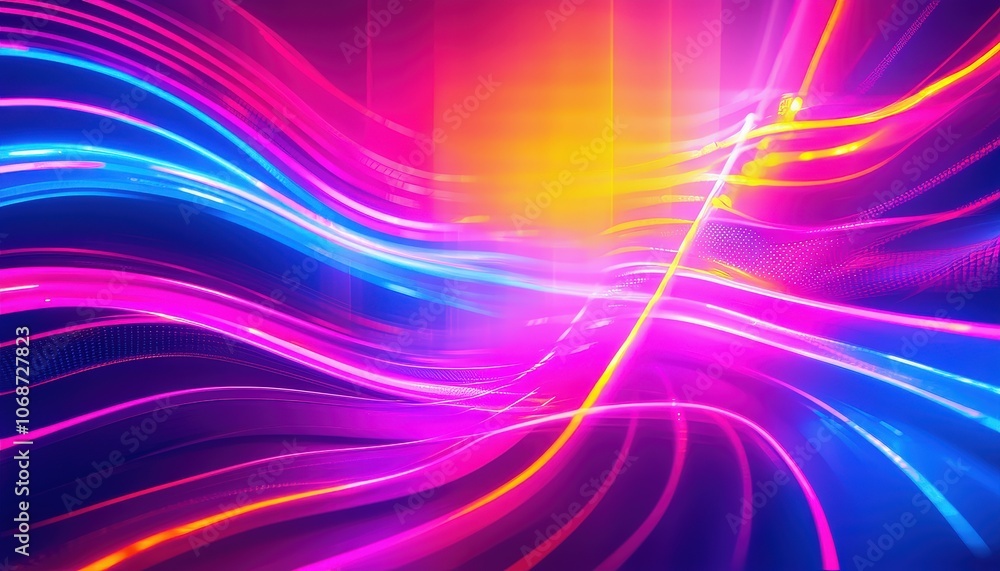 Poster vibrant neon light trails creating dynamic abstract background in modern colors.