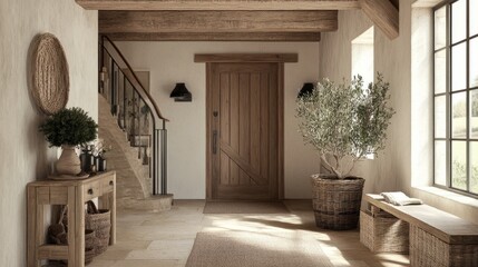 Luxurious entrance hall with timber beams, a large wooden door, and chic decor, offering a modern twist on rustic farmhouse design