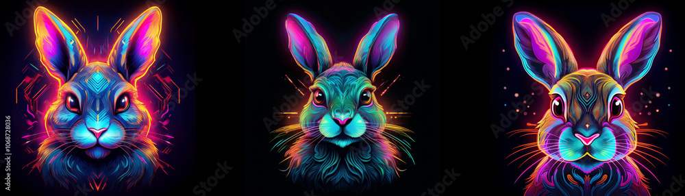 Poster three rabbits with neon colored fur and ears are shown on a dark background.