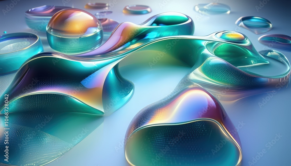Aufkleber abstract iridescent fluid forms with colorful reflections on smooth surface.