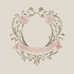 vintage floral frame, Watercolor Victorian light pink ribbon