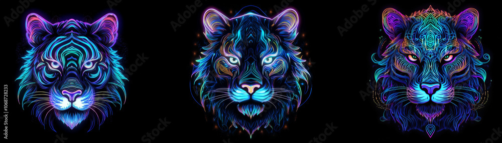Poster three neon tiger heads with intricate patterns.