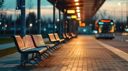 Serene Bus Stop at Dusk with Illuminated Shelters