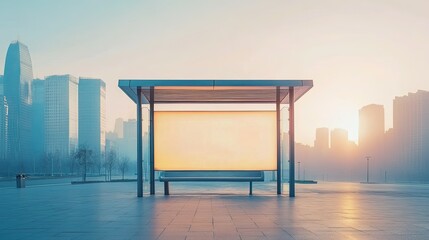 Urban Bus Stop at Dawn with Empty Advertising Space