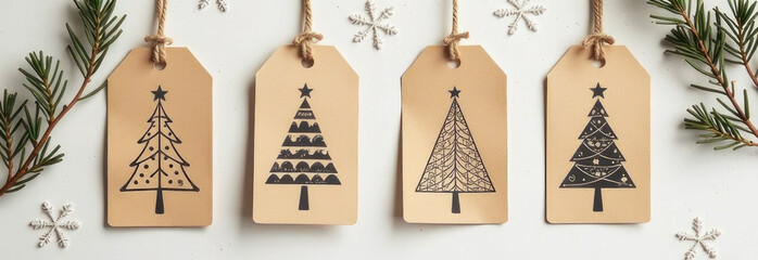 Four unique gift tags showcase green tree designs on natural brown paper, perfect for holiday gift wrapping
