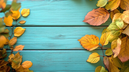 Autumn leaves on rustic blue wooden backdrop