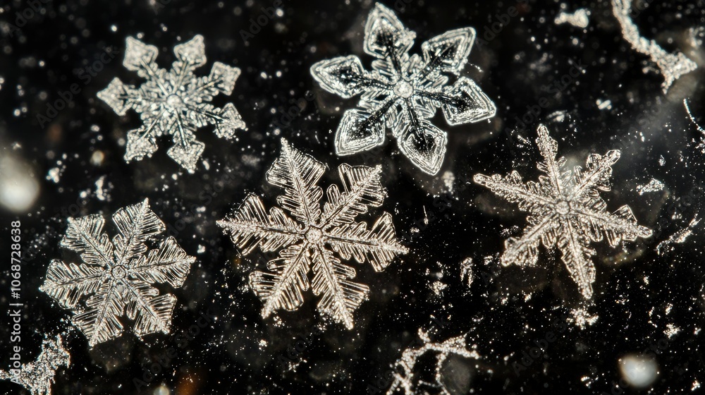 Poster intricate snowflake patterns on a dark background