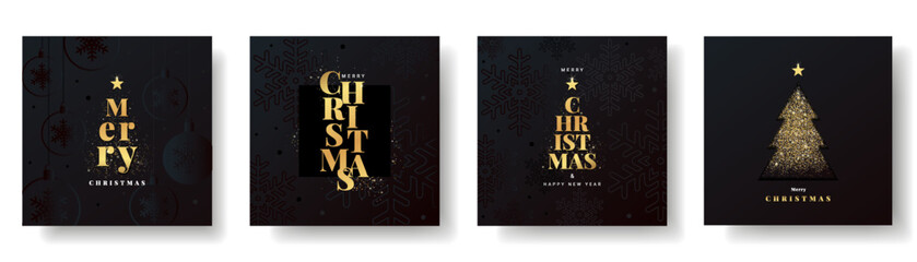 Merry Christmas and Happy New Year greeting card or banner for  social media. Set of Luxury Xmas modern design with gold typography, balls, snowflakes, Christmas tree and gliter on black background.
