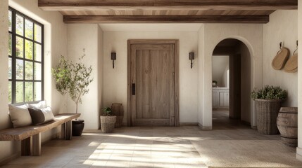 Modern farmhouse-style entrance with exposed wood beams, natural light, and a grand rustic door, embodying luxury and simplicity