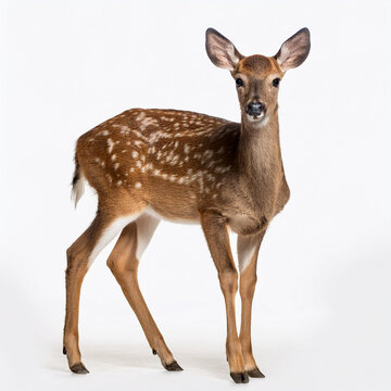 biche, cerf, animal, faune, faon, mammif&egrave;re, nature, sauvage, , brun, gazon, cabrer, isol&eacute;, jeune, b&eacute;b&eacute;, blanc, fond blanc, debout, chevreuil, vert, bois, ext&eacute;rieur