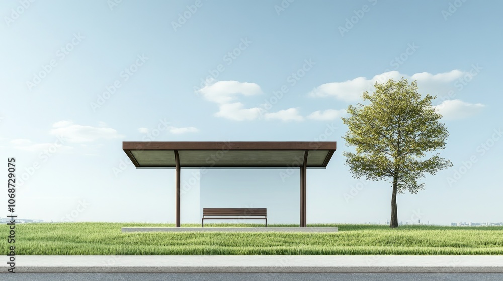 Poster minimalist shelter with bench and tree in open space